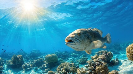 Poster - A large fish swimming over a coral reef in the ocean