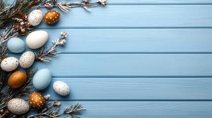 Canvas Print - A blue wooden background with a bunch of decorated eggs