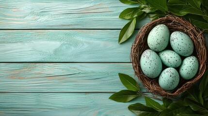 Wall Mural - A nest filled with blue eggs sitting on top of a wooden table