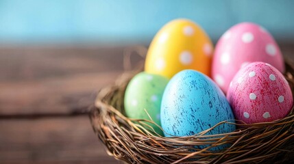 Wall Mural - A basket filled with colorful painted eggs sitting on top of a wooden table