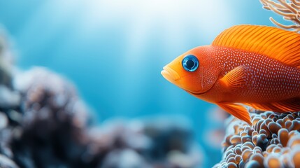 Poster - A bright orange fish with blue eyes swimming in an aquarium