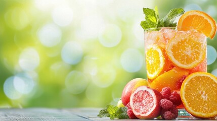 Poster - A glass of orange juice with sliced oranges and raspberries