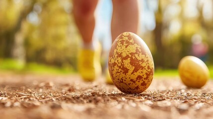 Wall Mural - A person walking past two yellow eggs on the ground