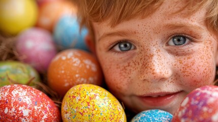 Wall Mural - A young boy with freckles laying in a pile of colorful eggs