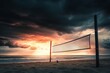 © Espresso - A serene beach volleyball net stands against a dramatic sunset, with dark clouds framing the vibrant sky.