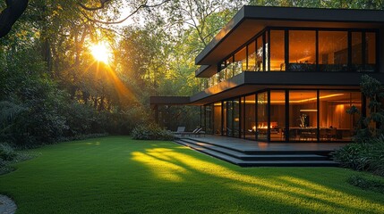 Poster - Modern house with sun rays.