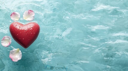 Wall Mural - A red heart floating in a pool of water with rose petals