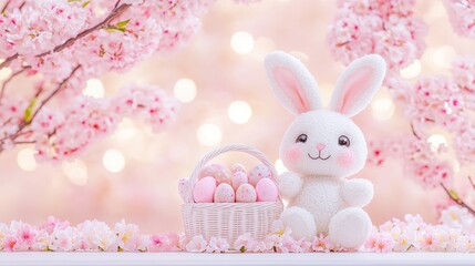 Wall Mural - Adorable Easter bunny with basket of pastel eggs sits amongst pink cherry blossoms. Soft focus, bokeh effect, festive spring scene.