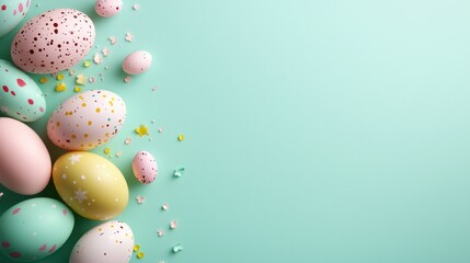 Wall Mural - A bunch of colorful easter eggs on a green background