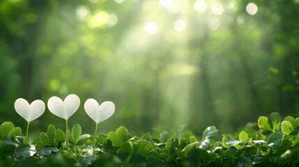 Canvas Print - Three white hearts in the middle of a green field