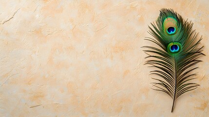 A vibrant peacock feather rests against a textured, warm-toned background, highlighting its intricate details and colors.