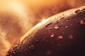 Poster - Close-up of water droplets on a dark surface, illuminated by warm sunlight, creating a dreamy, atmospheric scene.