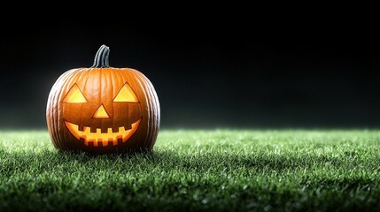 Canvas Print - A jack-o-lantern sitting on top of a lush green field