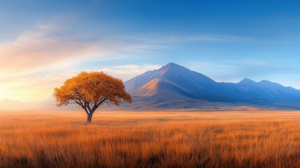 Canvas Print - A lone tree in the middle of a grassy field with mountains in the background