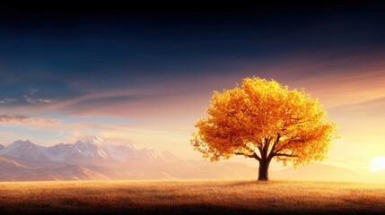 Canvas Print - A lone tree in the middle of a grassy field with mountains in the background