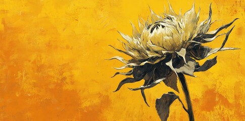 Sticker - A Single Dried Sunflower Against a Golden Background