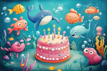 Wall Mural - Underwater Birthday Cake With Happy Sea Creatures