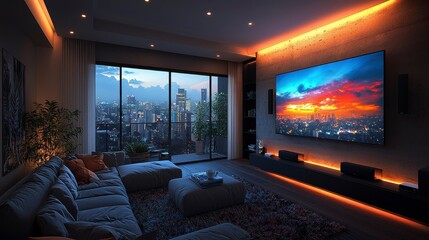 Poster - Modern living room at dusk.