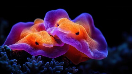 Poster - A close up of a purple and orange sea slug on a coral reef