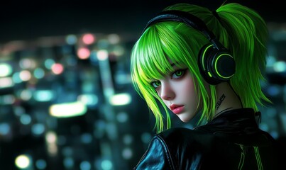 Wall Mural - Stylish anime girl with neon green hair, edgy leather jacket, and futuristic headphones, posing against a backdrop of glowing cyberpunk city lights.