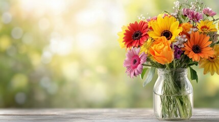 Canvas Print - A vase filled with colorful flowers sitting on top of a wooden table