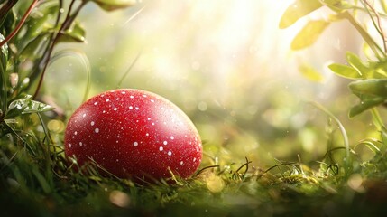 Canvas Print - A red easter egg sitting in the grass with water droplets on it