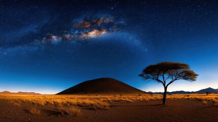 Wall Mural - a tree stands in a field of brown grass under a starry sky