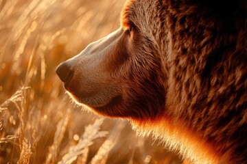 Wall Mural - Close-up profile of a brown bear at sunset, bathed in golden light, amidst tall grass.