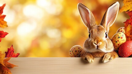 A rabbit peeking over a wooden sign with easter eggs