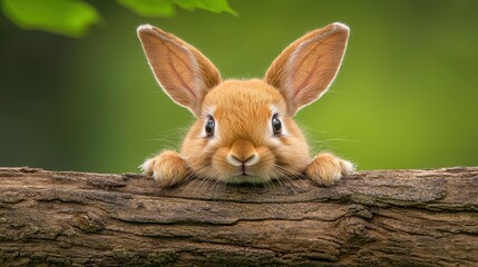 Wall Mural - A small brown rabbit peeking over a tree branch