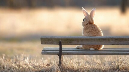 Wall Mural - A rabbit sitting on a wooden bench in a field