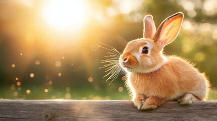 Wall Mural - A small brown rabbit sitting on top of a wooden fence