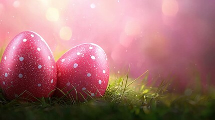 Canvas Print - Two pink easter eggs sitting in the grass on a pink background