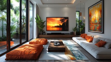 Modern living room with plants.