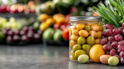 Poster - A glass jar filled with lots of different types of fruit