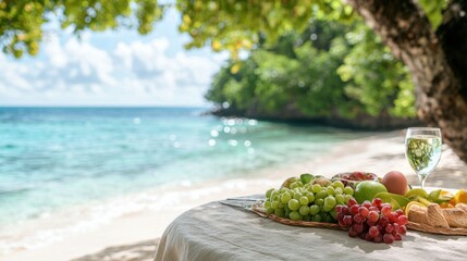 Wall Mural - A table with a basket of fruit and a glass of wine on the beach