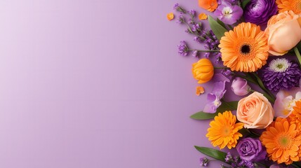 Canvas Print - A bunch of orange and purple flowers on a purple background