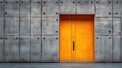 Wall Mural - Orange door in gray concrete wall.