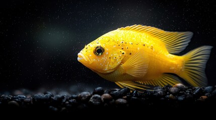 Poster - A yellow fish swimming in an aquarium with black rocks