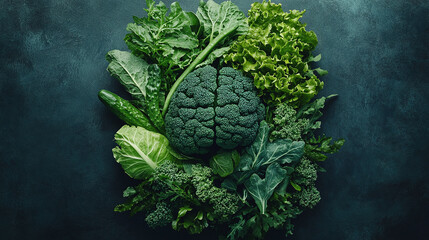 Top above view of fresh organic vegetable foods and a human brain. raw green vitamin nutrition to think clearly and have a healthy and smart mind. memory and energy, mental health, copy space.