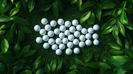 Wall Mural - Top view wallpaper background of pile or stack of golf balls forming the word on the grass course. recreation game play, competition tournament sport poster.