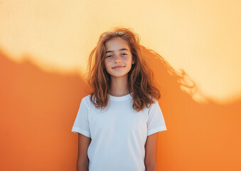 Portrait of a young brunette girl in white t-shirt. Can be used as a t-shirt mockup for your design, print or lettering	
