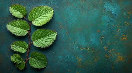 Wall Mural - Green leaves branch on teal textured background.