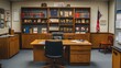 © ImageKing - Principals office in school with desk, chairs, bookcase and showcase with sport trophies. Vector cartoon empty interior of headmaster cabinet for meeting and talking with teachers, pupils and parents