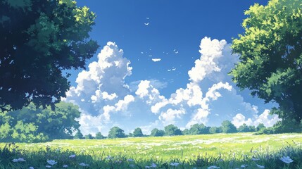 Anime cloud in blue heaven sky vector background. Summer abstract cloudy air design with gradient and sun light with reflection. Beautiful calm morning game outdoor panorama with sunshine painting.