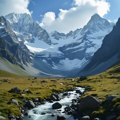 Fototapete - breathtaking landscape with a river flowing through a green valley surrounded by snow-capped mountains. The sky above is partly cloudy, adding to the serene and majestic atmosphere of the scene.