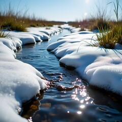 Poster - serene, snowy landscape with a small stream flowing through it, surrounded by snow-covered ground and green grass. The sun is shining, casting a calm and peaceful atmosphere.