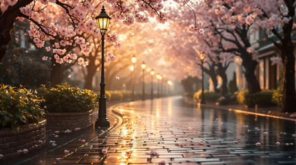 Poster - serene street scene during the evening with blooming cherry trees along the sidewalk, and wet pavement reflecting the street lights.