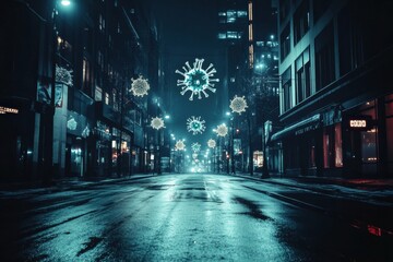 Poster - Empty urban street illuminated by symbolic virus motifs during nighttime hours. Generative AI