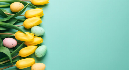 Wall Mural - festive easter background with yellow tulips and colorful eggs on turquoise surface, providing copy 